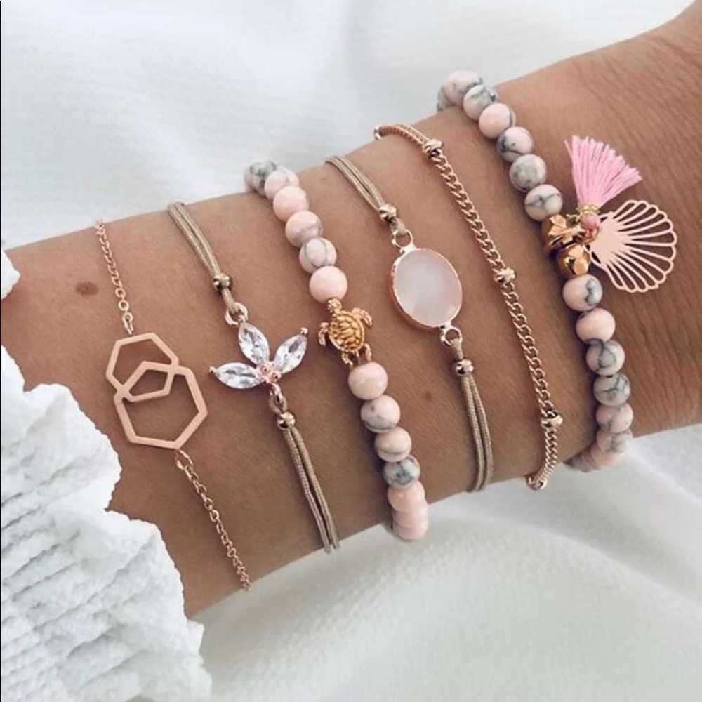 Beachy Sea Turtle & Seashell Gold Charms Bling Tassel Pink Marbled Bracelet set
